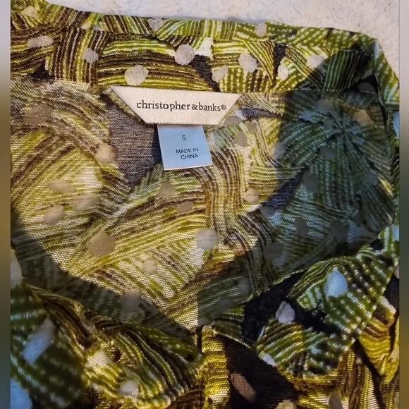 Christopher & Banks Green & Black Top, Size Small Button Up Long Sleeves - Picture 5 of 7